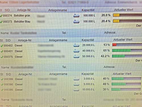 Anlagenübersicht in Überwachungssoftware für mobile Tankanlagen